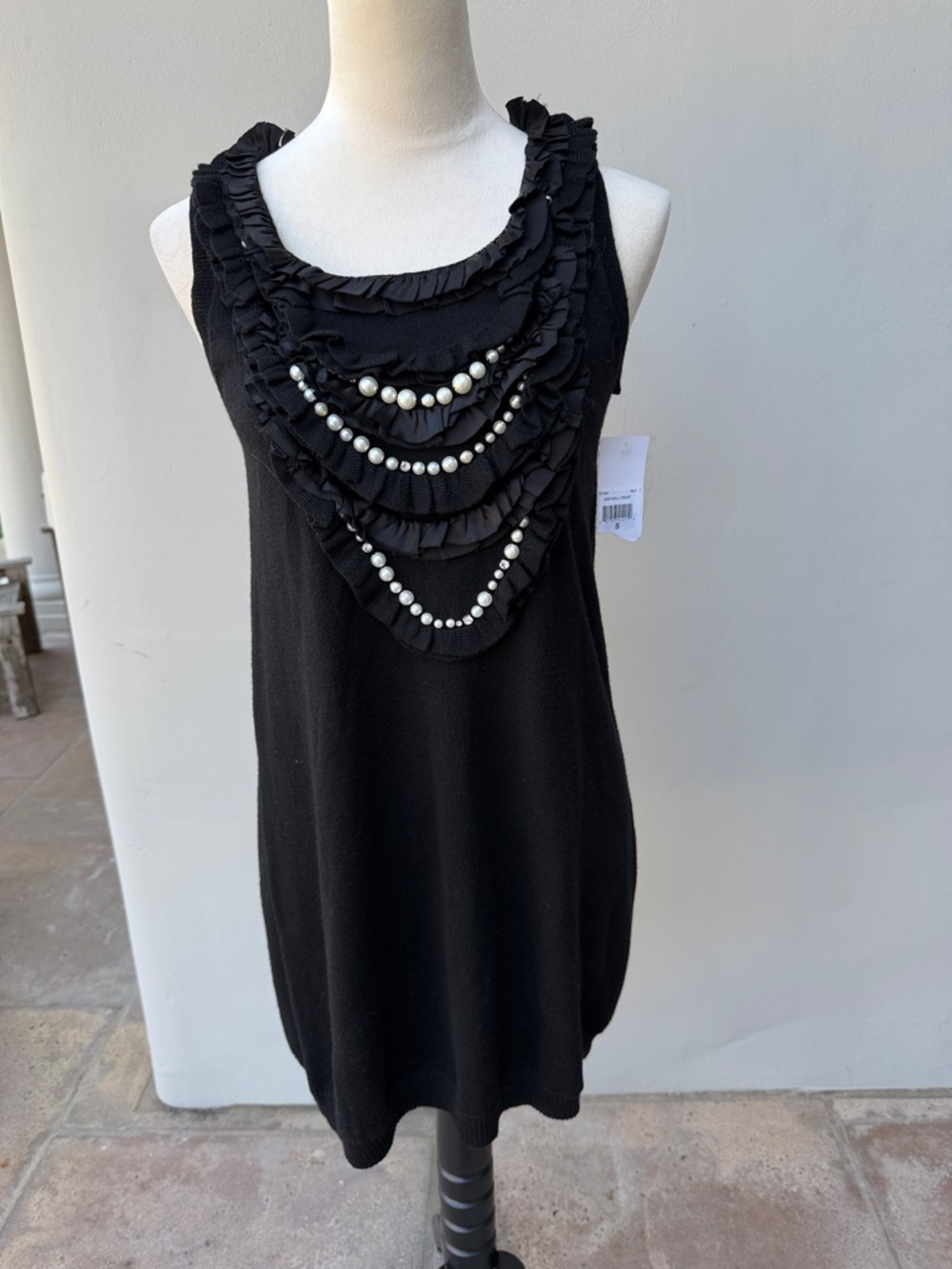 NANETTE LEPORE NWT Black Wool Sleeveless Ruffle Pearl-Jewel Trim Party Dress Sm